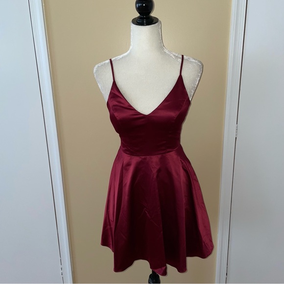 B DARLIN Satin Fit & Flare Dress in Wine - Picture 4 of 8
